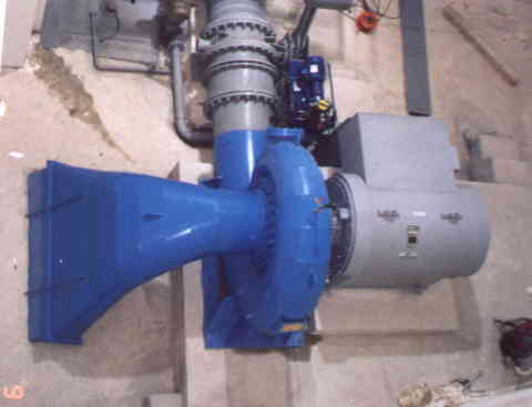 This Francis turbine delivers 500 hW from 1.2 cubic meters per second of flow under a head of 44 meters.