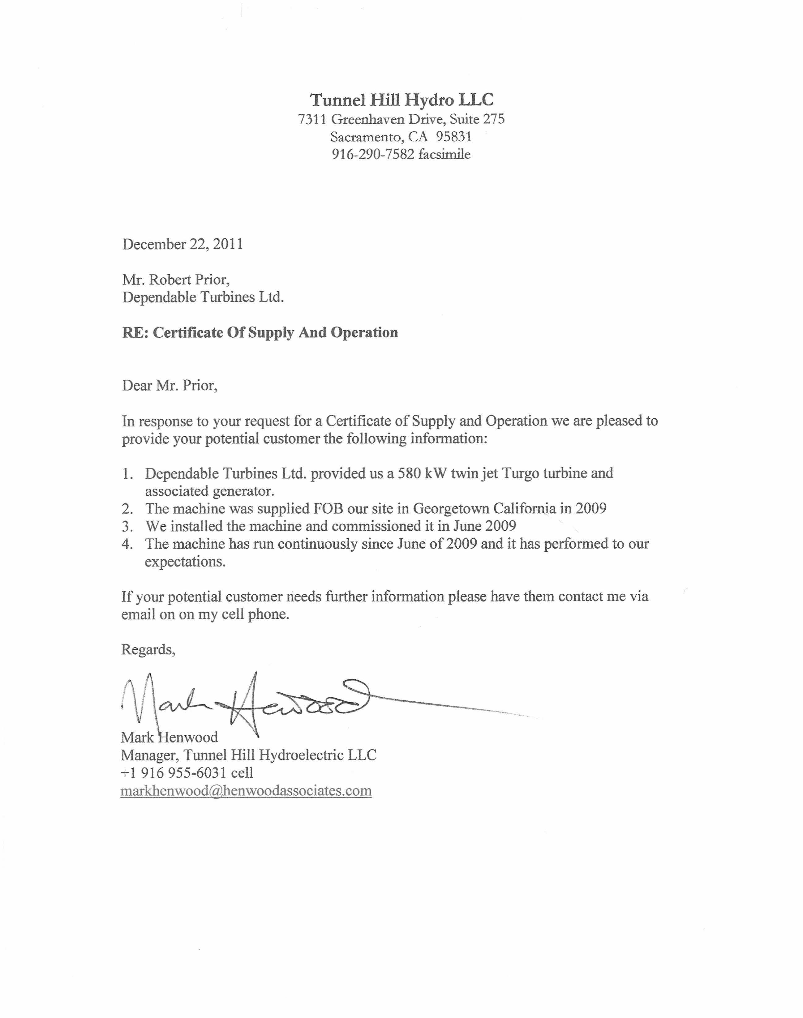 Tunnel Hill Turgo Turbine Certificate of Supply and Operation